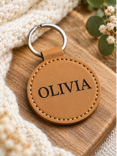 Tan faux leather keyring engraved OLIVIA, example personalisation