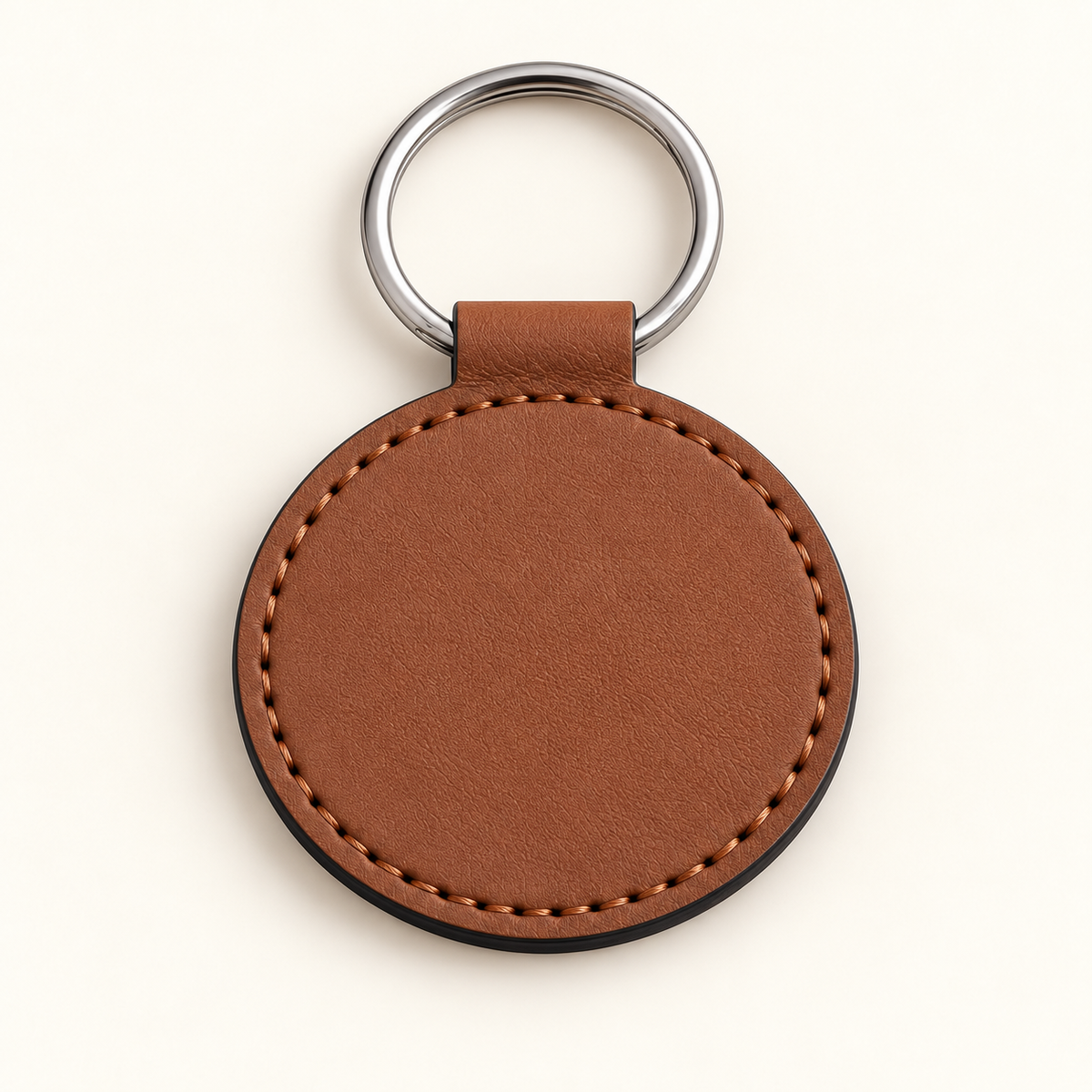 Brown round faux leather keyring, blank before engraving