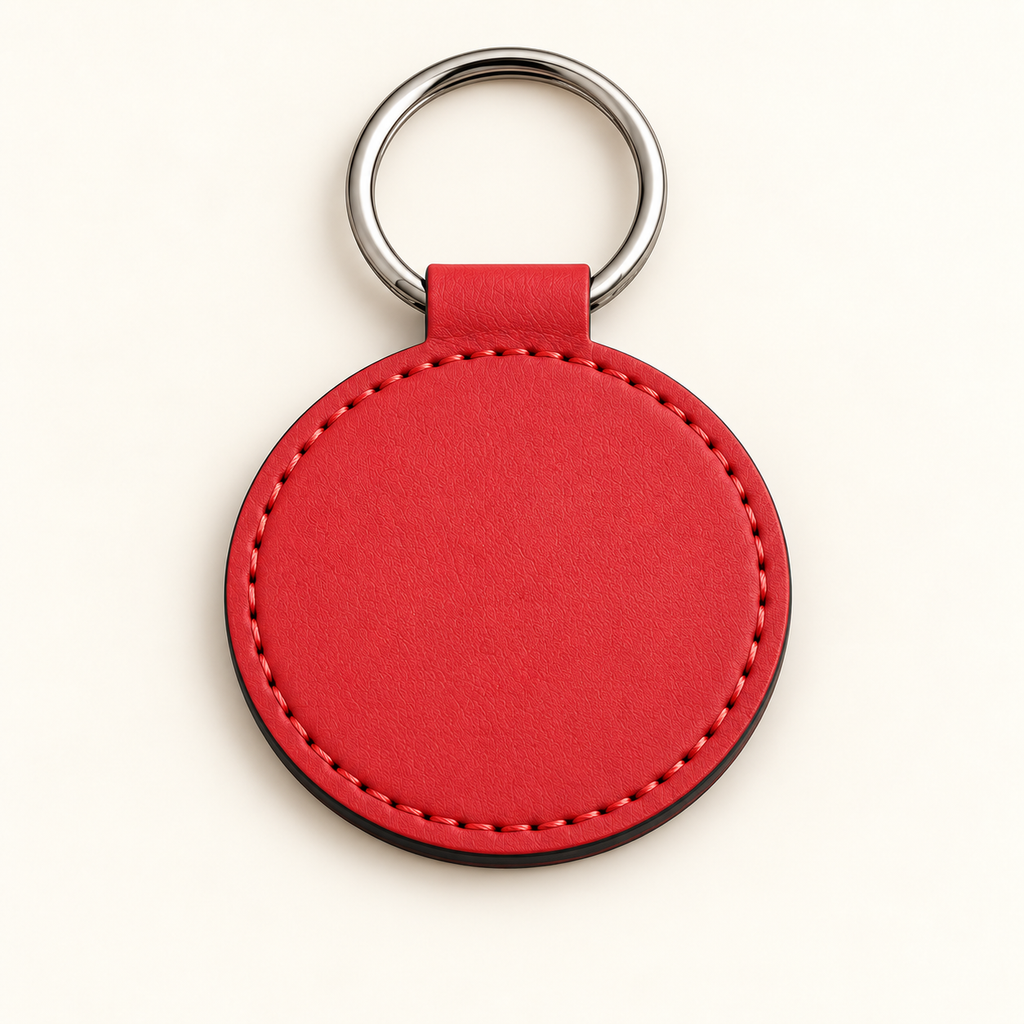 Red round faux leather keyring, blank before engraving