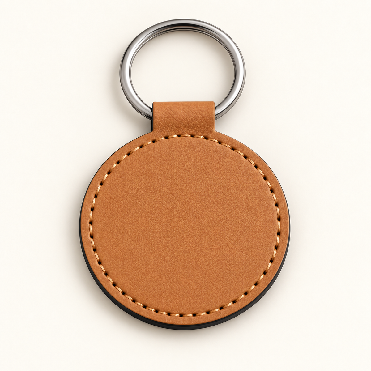 Tan round faux leather keyring, blank before engraving