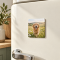 Example of a 50 mm square personalised photo fridge magnet with a dog photo