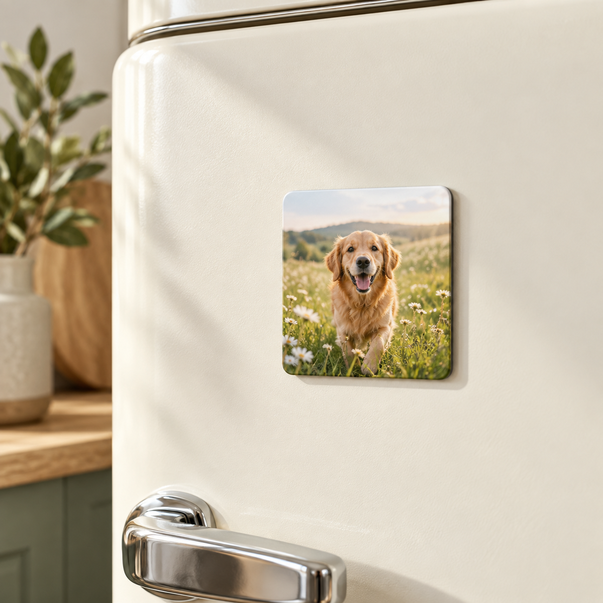 Example of a 50 mm square personalised photo fridge magnet with a dog photo