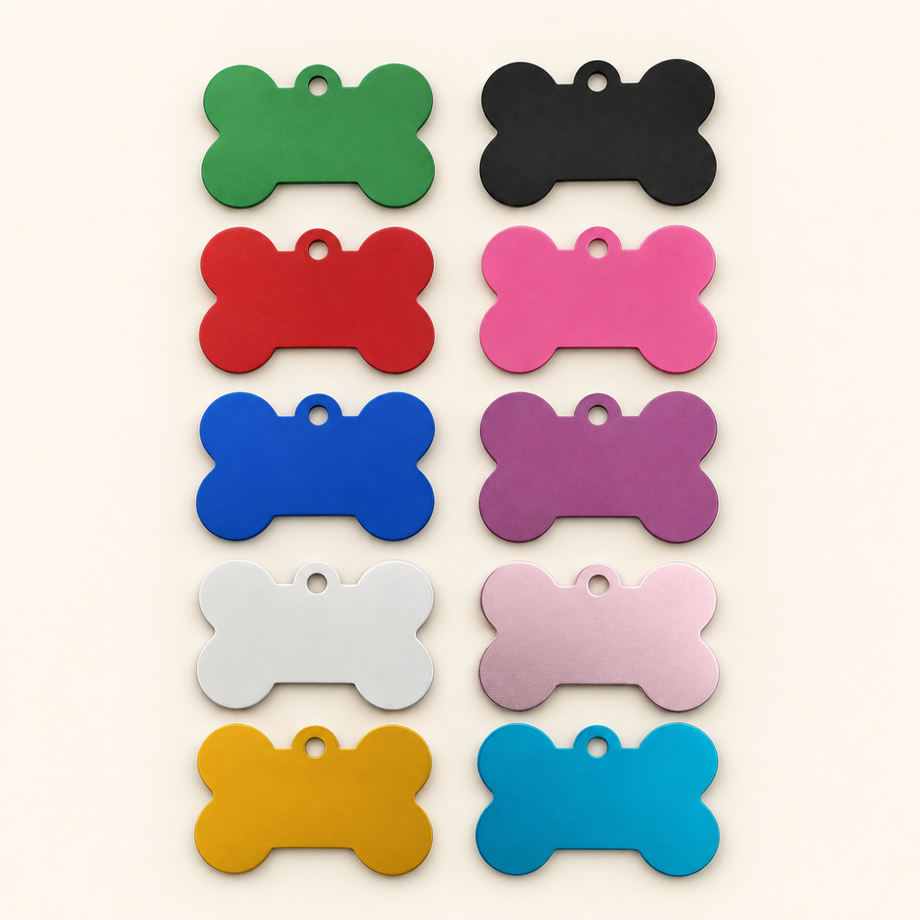 Ten available colours of blank bone shaped pet ID tags