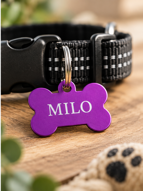 Purple bone tag engraved MILO, example personalisation