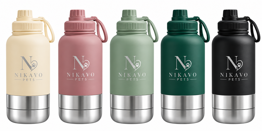 NIKAVO PETS bottle colours: Cream, Dusty Rose, Sage Green, Forest Green and Black
