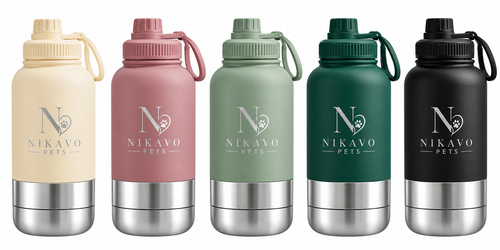 NIKAVO PETS bottle colours: Cream, Dusty Rose, Sage Green, Forest Green and Black