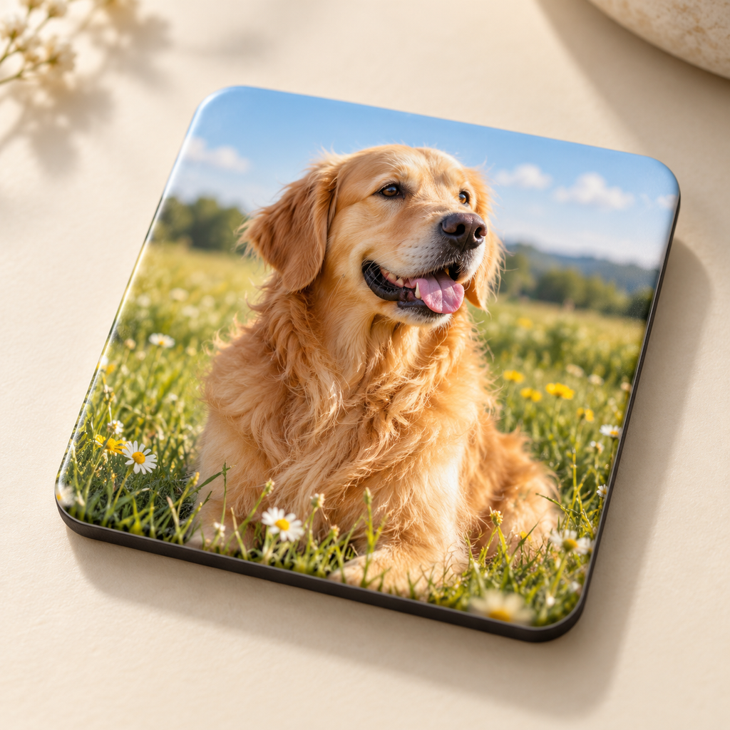 Illustrative close-up of a personalised square photo magnet with a dog print