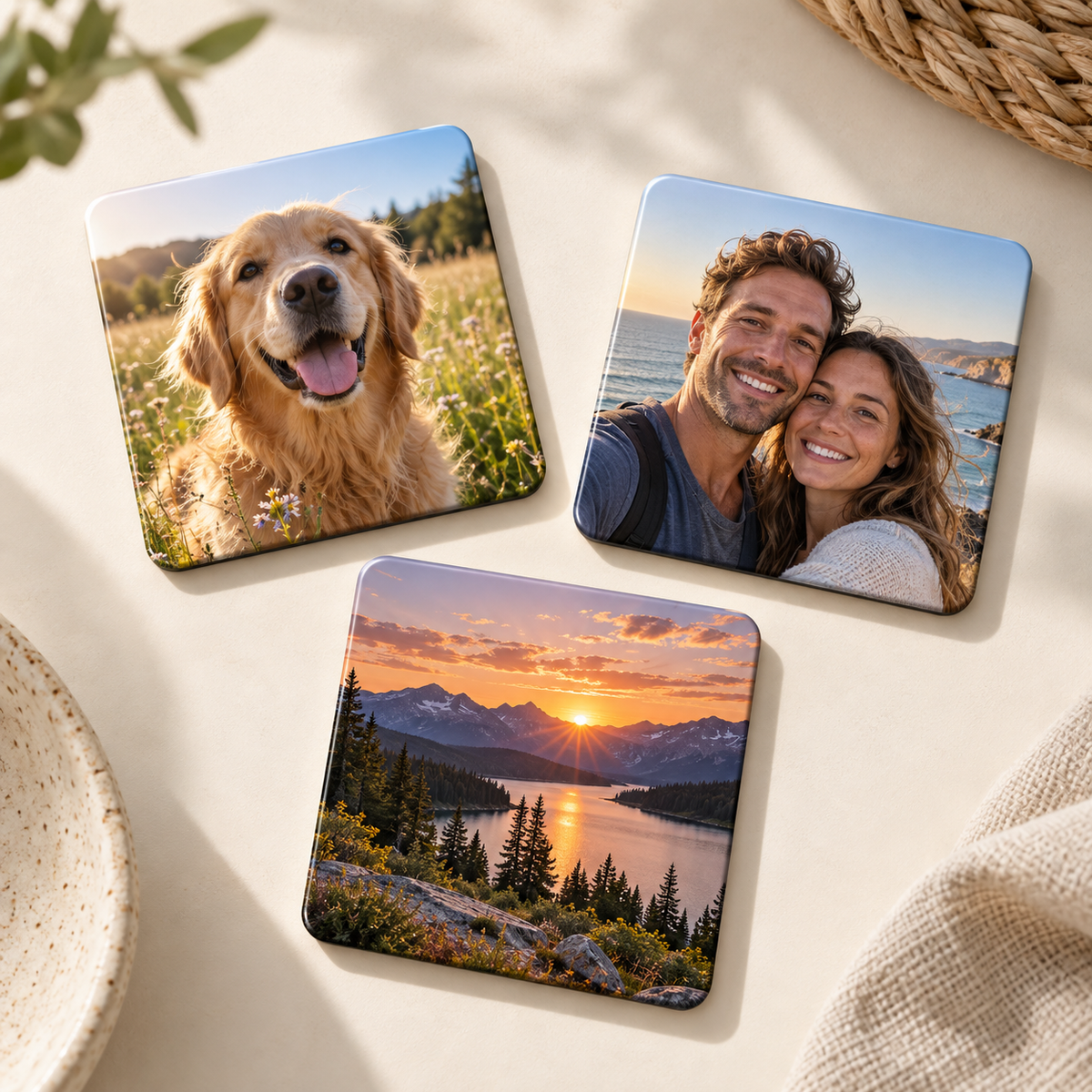 Illustrative examples of personalised photo magnets: dog, couple and landscape